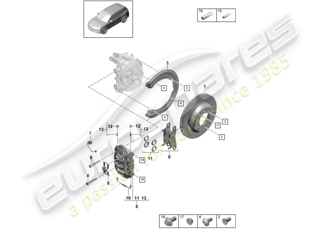 porsche 2022 (cayenne e3 9ya/9yb) frein à disque 18 essieu arrière argent schéma des pièces