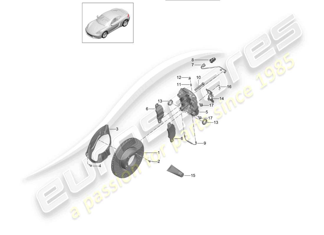 porsche 2024 (718 cayman) schéma des pièces de l'essieu avant du frein à disque