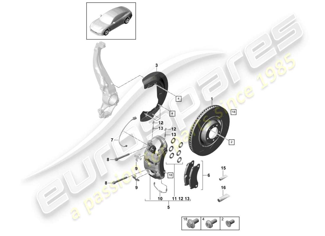 porsche 2021 (panamera 971-1) schéma des pièces de l'essieu avant du frein à disque