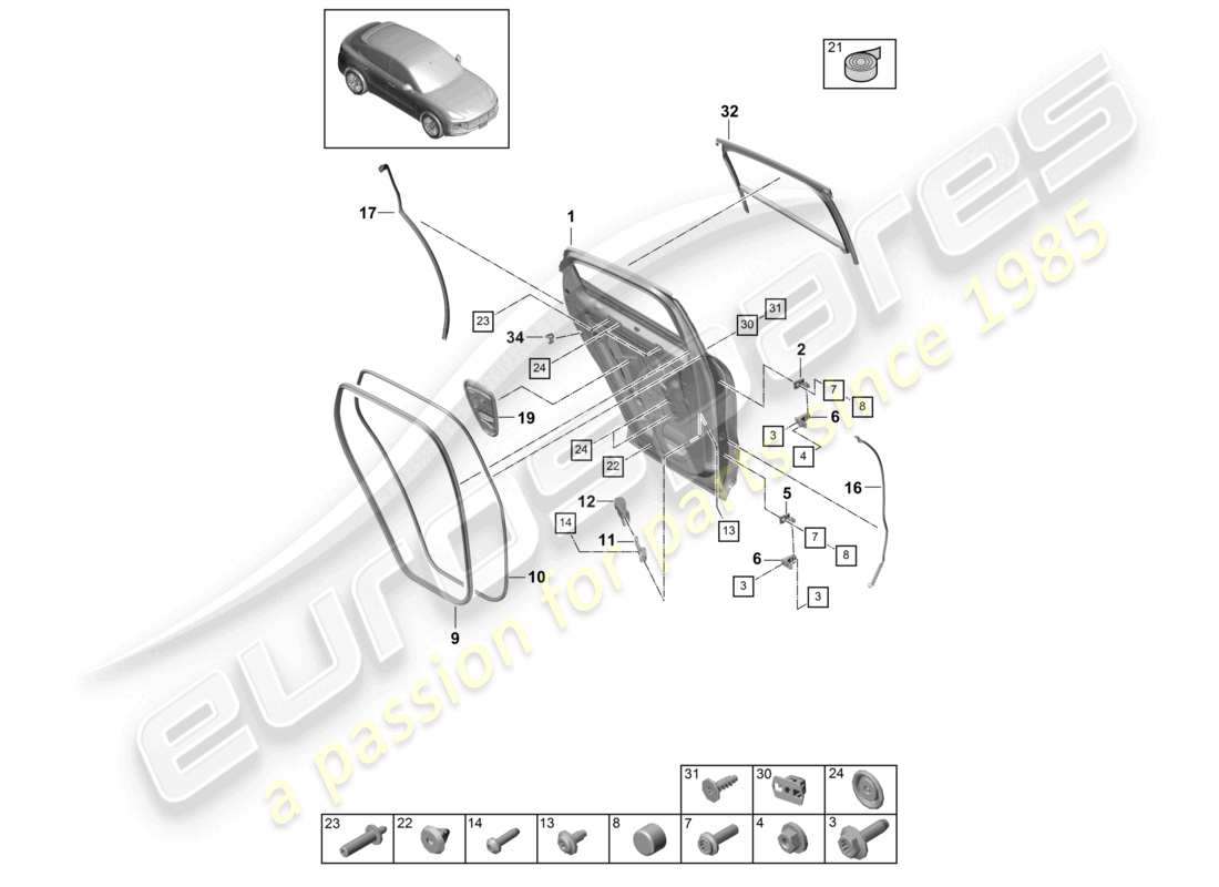 porsche 2021 (cayenne e3 9ya/9yb) schéma des pièces du joint de coque de porte arrière coupé
