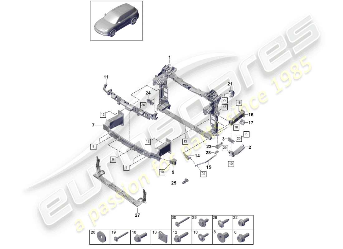 porsche 2021 (cayenne e3 9ya/9yb) schéma des pièces du pare-chocs avant et du support de montage