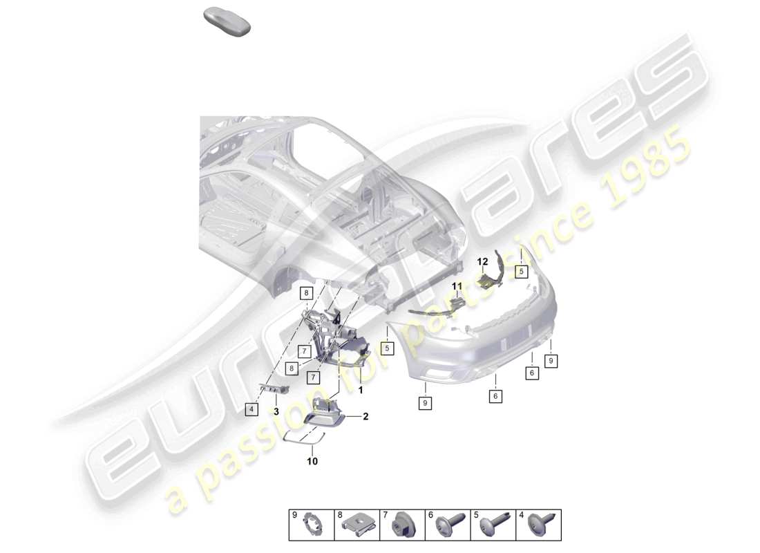 porsche 2022 (992-1) schéma des pièces de fixation du pare-chocs arrière