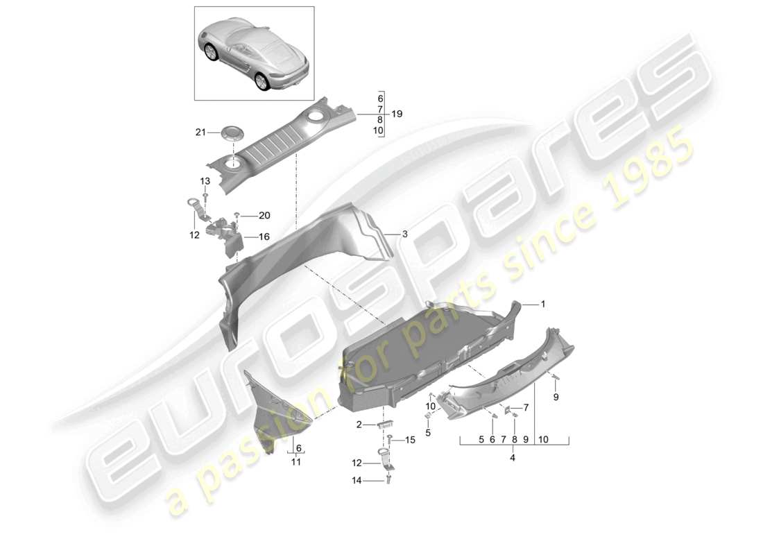 porsche 2026 (718 cayman) schéma des pièces de garniture de coffre arrière