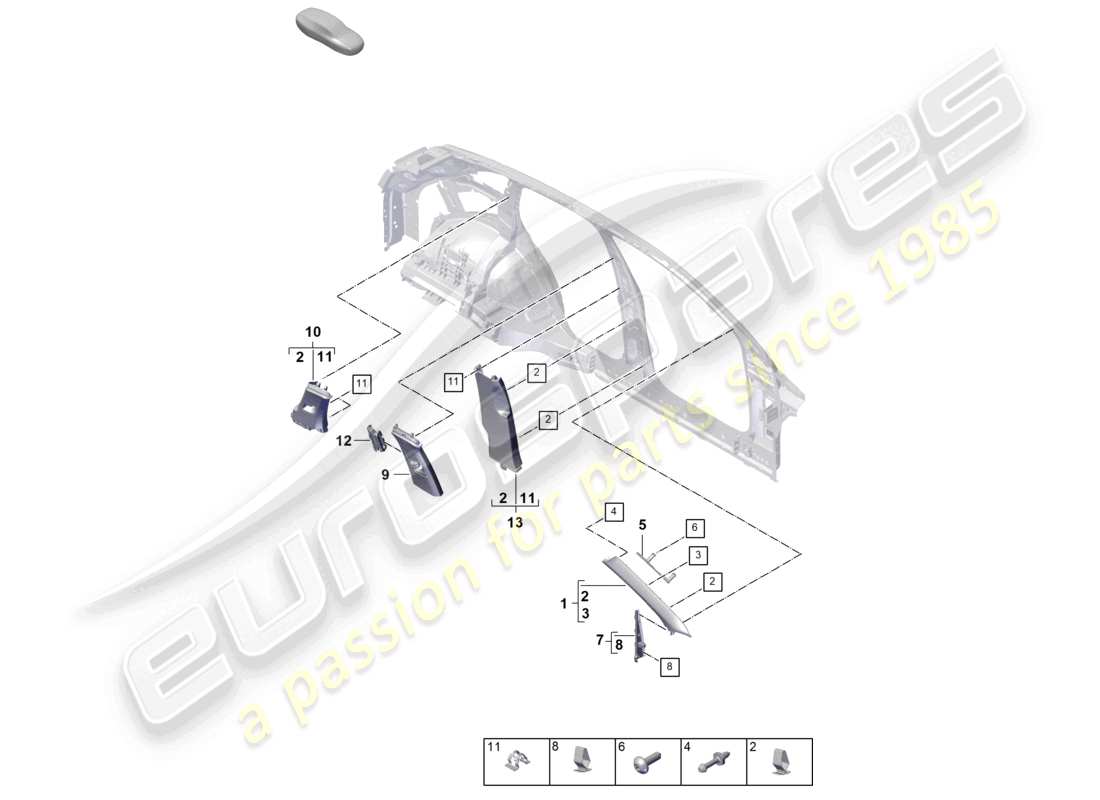 porsche 2025 (cayenne e3 pa) garniture du montant a supérieur, du montant b, du montant c, garniture et élément de déformation diagramme des pièces