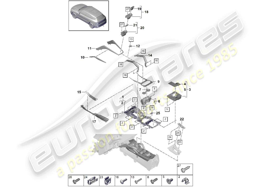 porsche 2024 (cayenne e3 9ya/9yb) schéma des pièces supérieures de la console centrale