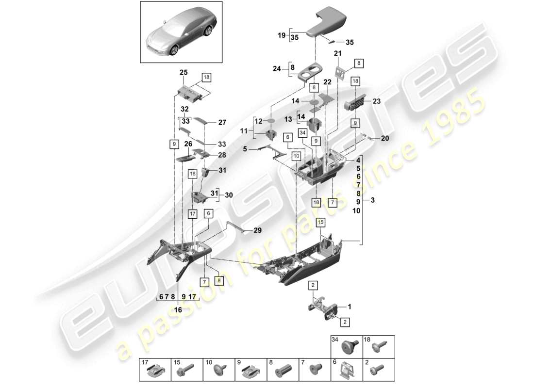 porsche 2021 (panamera 971-1) schéma des pièces de la console centrale avant