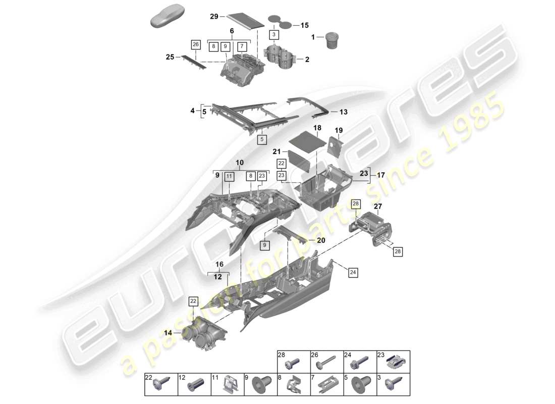 porsche 2025 (panamera 976) schéma des pièces de la console centrale avant