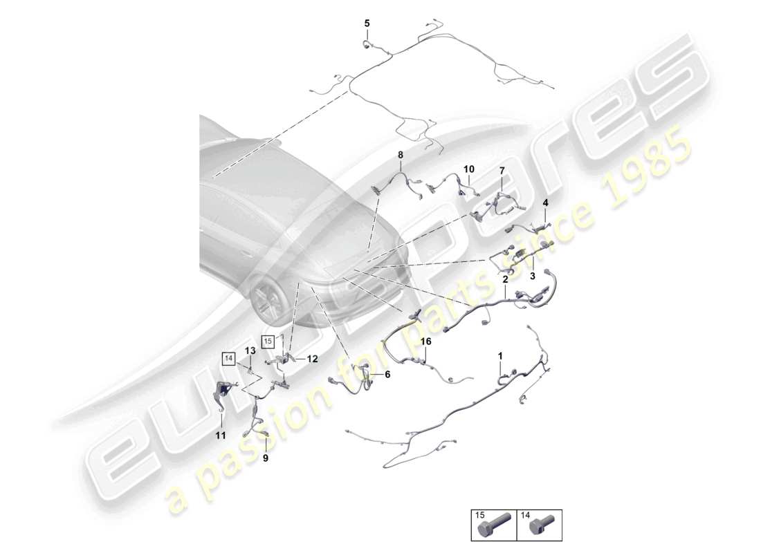 porsche 2026 (panamera 976) faisceaux de câbles pare-chocs arrière faisceau de câbles pour système de freinage antiblocage -abs- faisceau de câbles pour suspension à nivellement automatique garniture de toit couvercle arrière becquet arrière schéma des pièces