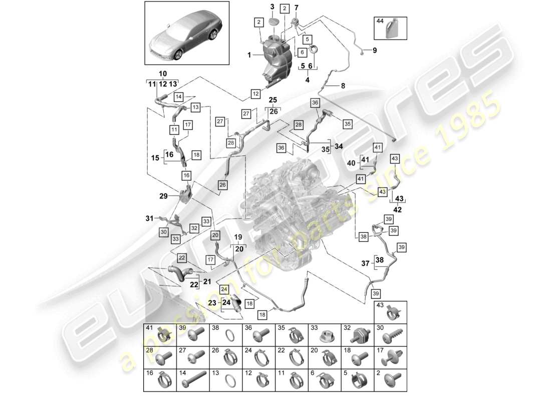 porsche 2021 (panamera 971-1) système de refroidissement du liquide de refroidissement vase d'expansion du liquide de refroidissement conduite de reniflard pour les modèles avec chauffage d'appoint schéma des pièces