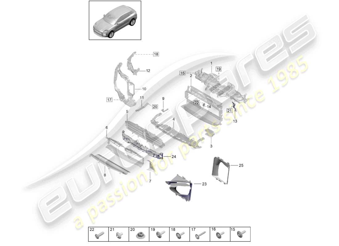 porsche 2021 (macan) schéma des pièces du support de guidage d'air et de verrouillage du refroidisseur turbo carrier pour liquide de refroidissement