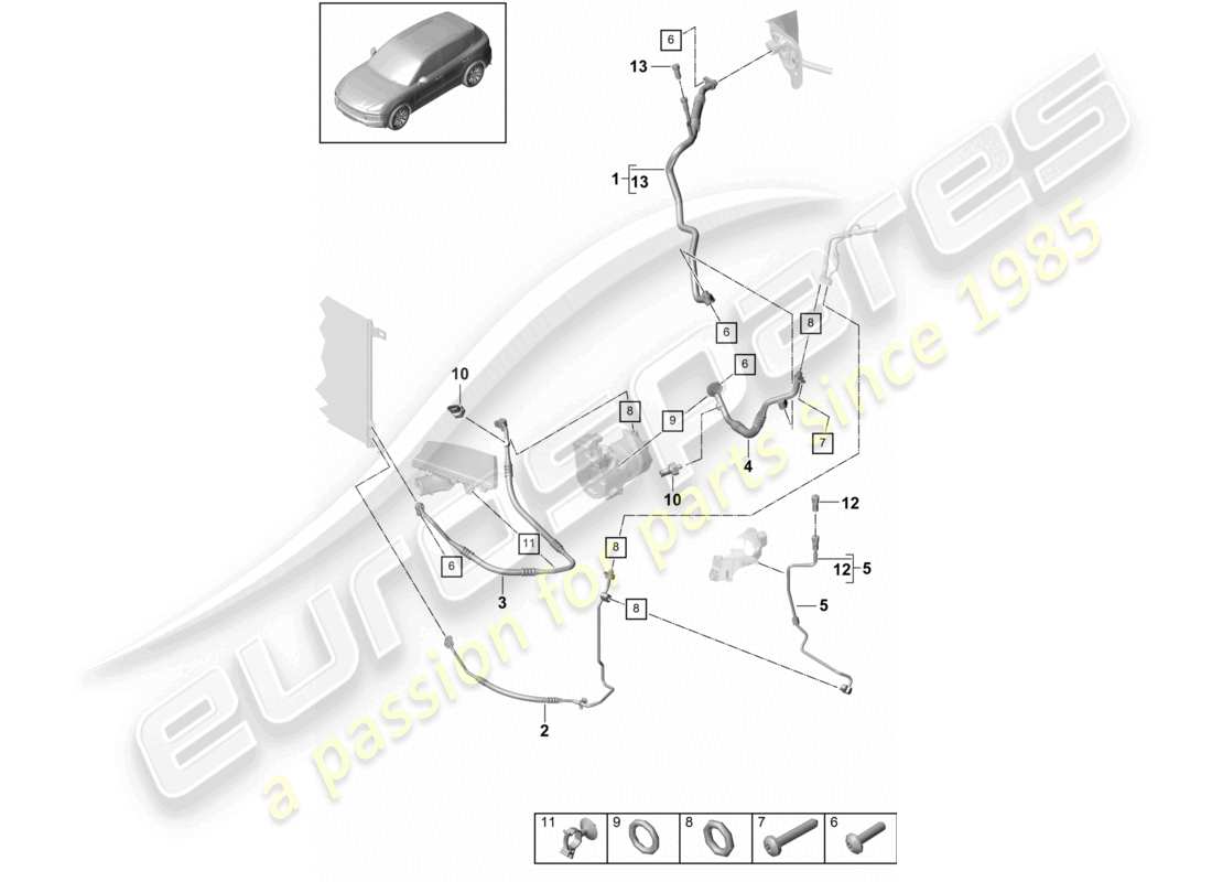 porsche 2021 (cayenne e3 9ya/9yb) circuit frigorifique v6 r134a pour les véhicules à propulsion hybride schéma des pièces