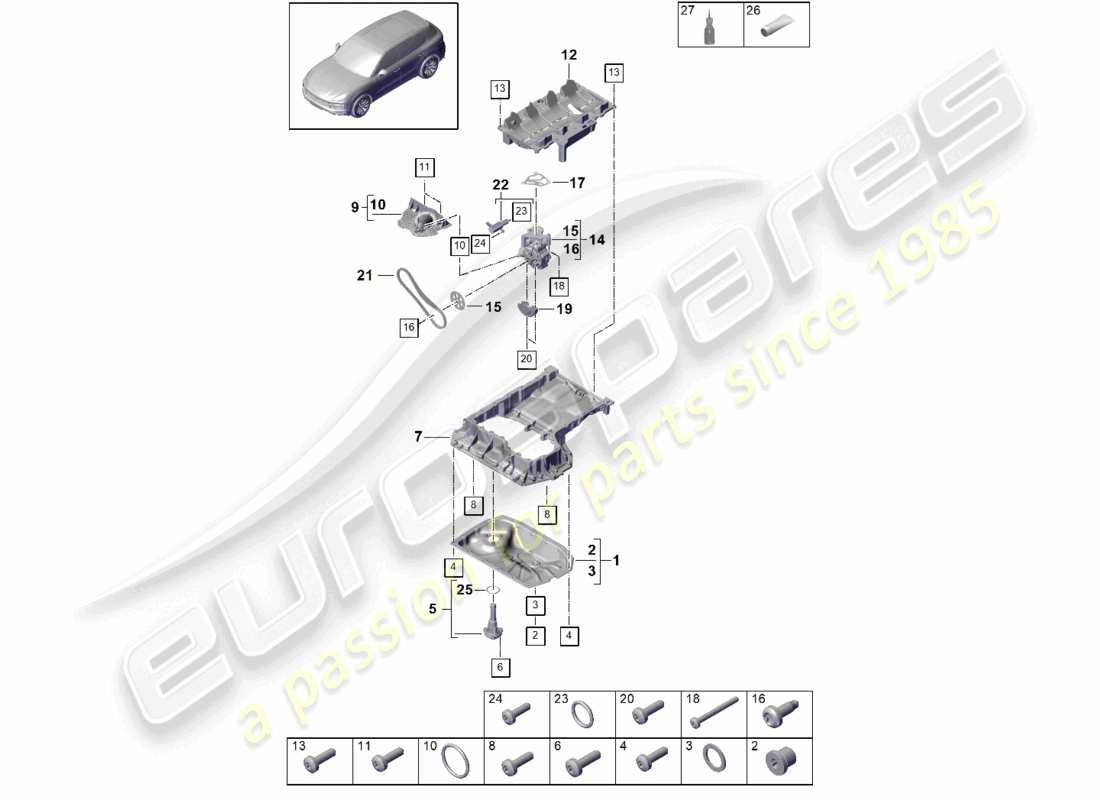 porsche 2021 (cayenne e3 9ya/9yb) schéma des pièces du carter d'huile de la pompe à huile du boîtier conducteur d'huile