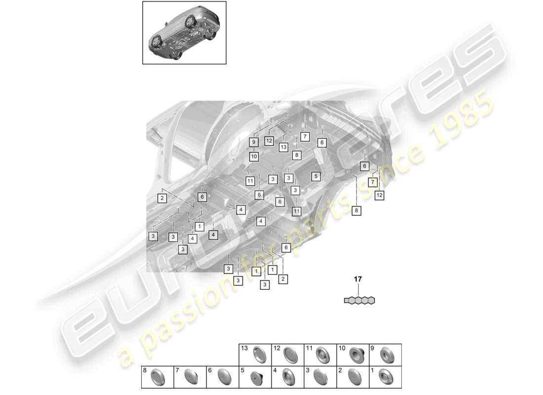 porsche 2024 (cayenne e3 9ya/9yb) schéma des pièces du soubassement arrière des bouchons