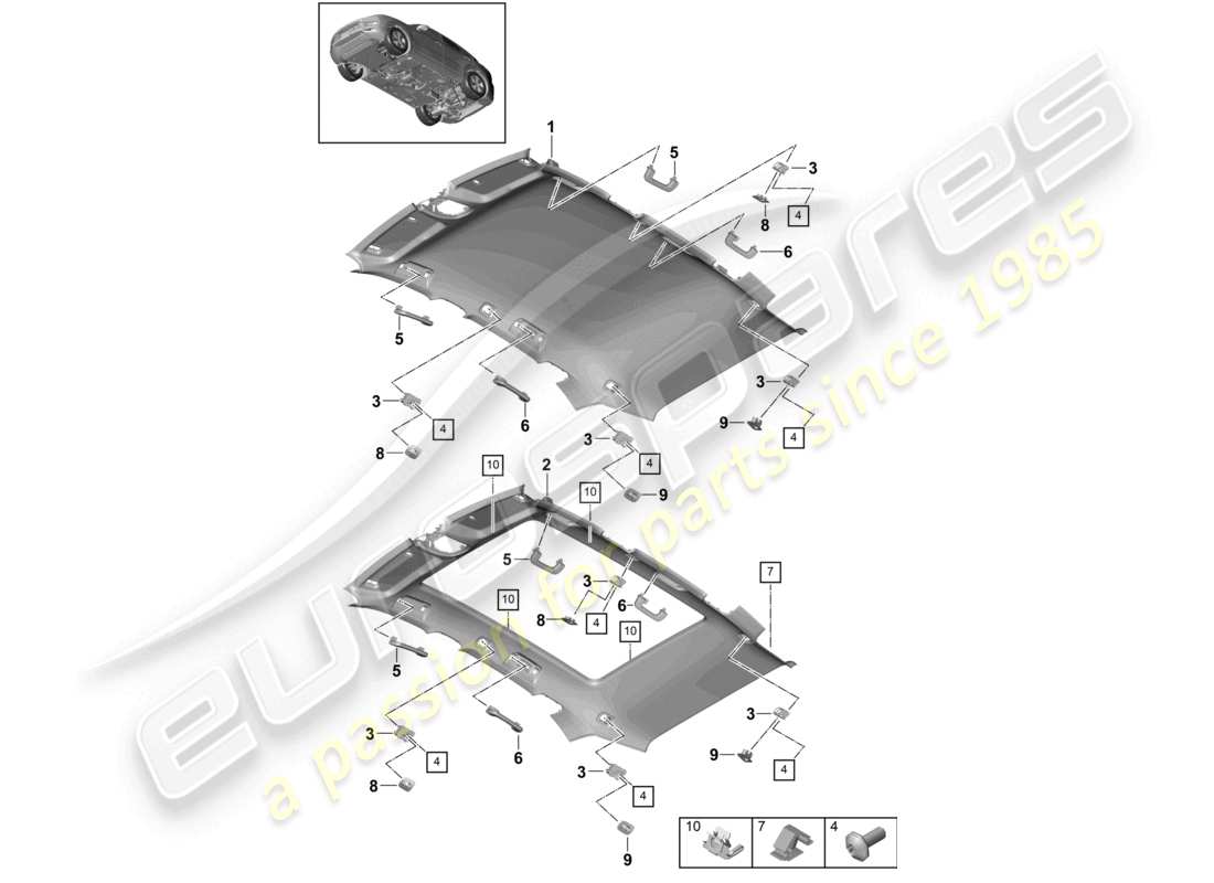 porsche 2024 (cayenne e3 9ya/9yb) schéma des pièces de garniture de toit et d'accessoires