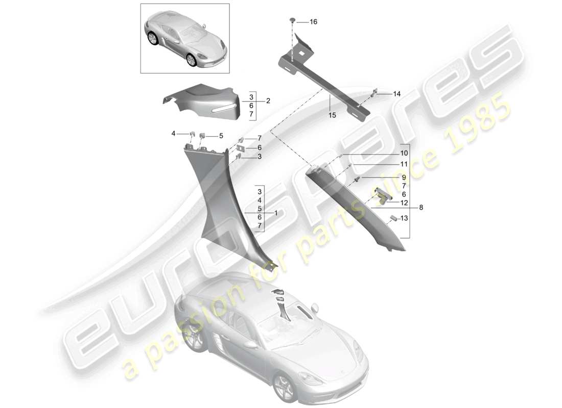 porsche 2024 (718 cayman) schéma des pièces du montant b de la garniture du panneau latéral