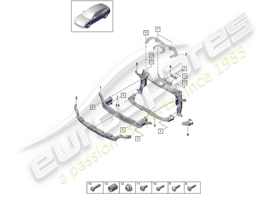 porsche 2021 (panamera 971-1) schéma des pièces du support de pare-chocs avant et du support de montage