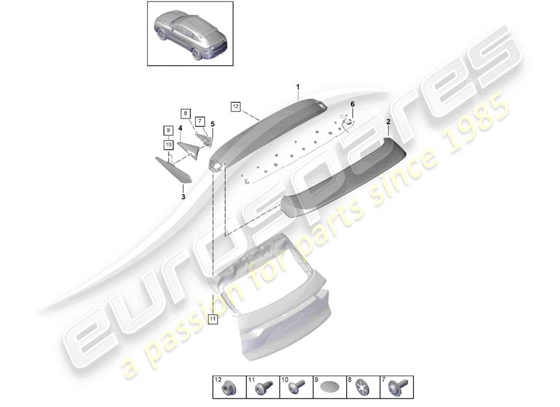 porsche 2024 (cayenne e3 9ya/9yb) schéma des pièces du becquet de toit du turbo gt coupé