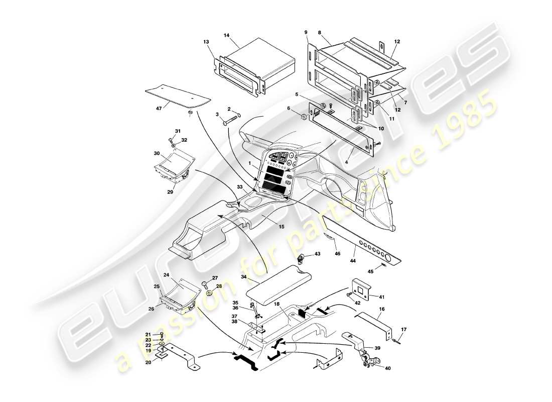 aston martin v8 volante (1997) diagramme des pièces de la console centrale et de la garniture