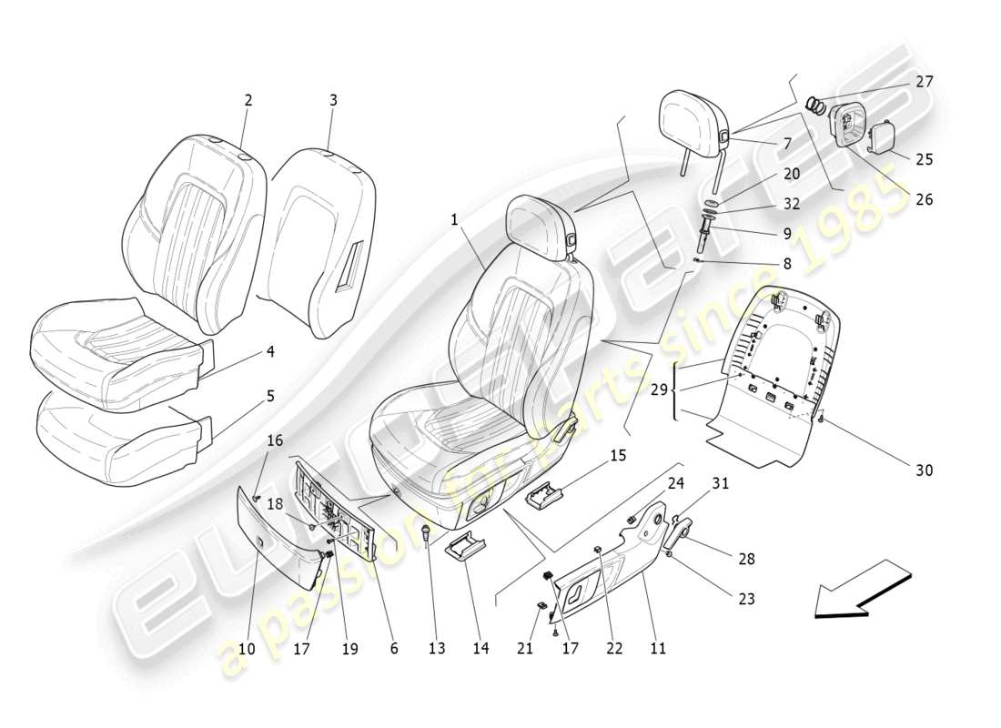 maserati ghibli (2017) sièges avant : diagramme de pièces des panneaux de garniture