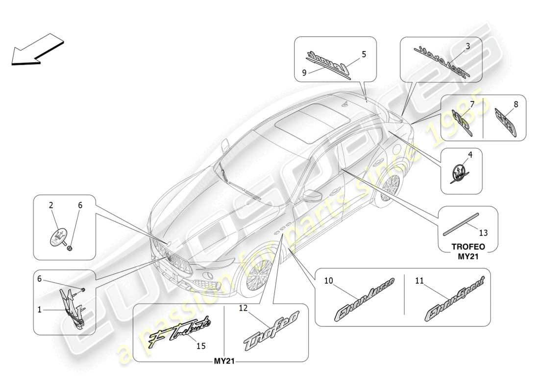 maserati levante zenga (2020) diagramme des pièces des garnitures, marques et symboles