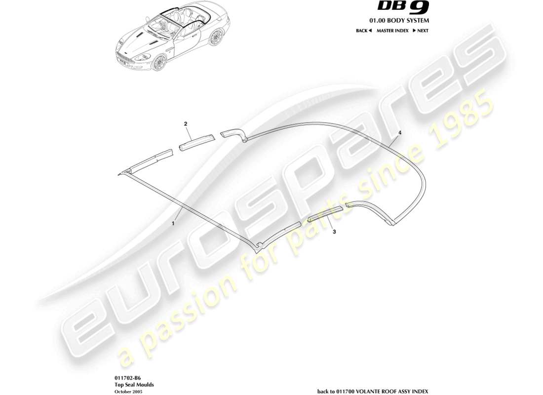 aston martin db9 (2008) diagramme des pièces de moulage du joint supérieur