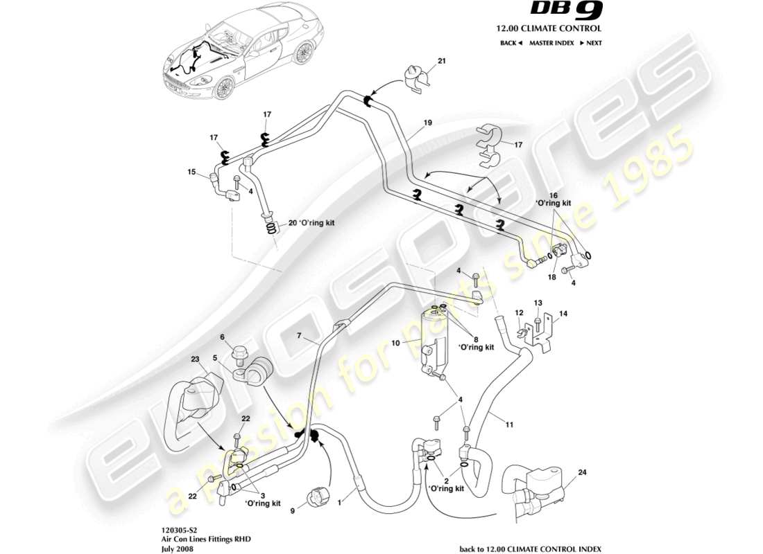 aston martin db9 (2007) conduite de climatisation, diagramme de pièces rhd