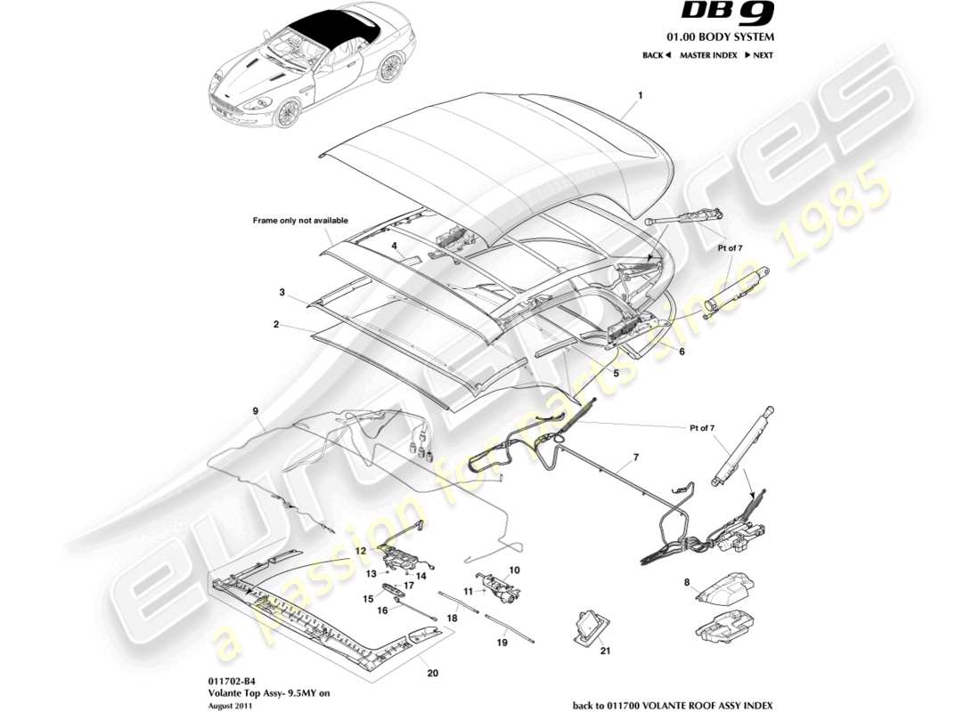 aston martin db9 (2009) ensemble de toit volante, 9.5my sur schéma des pièces