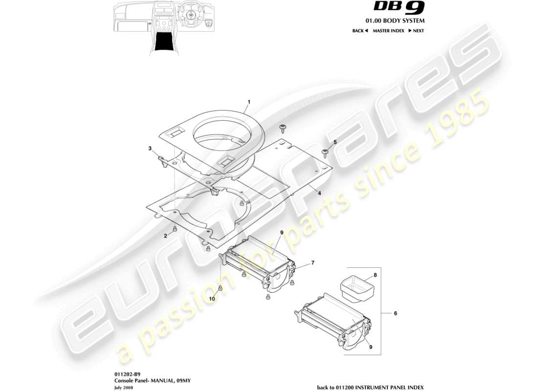 aston martin db9 (2008) console avant, manuel, 09my diagramme de pièce
