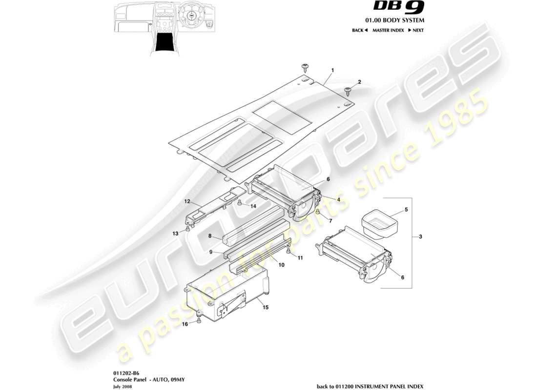 aston martin db9 (2010) console avant, automatique, 09my diagramme de pièce