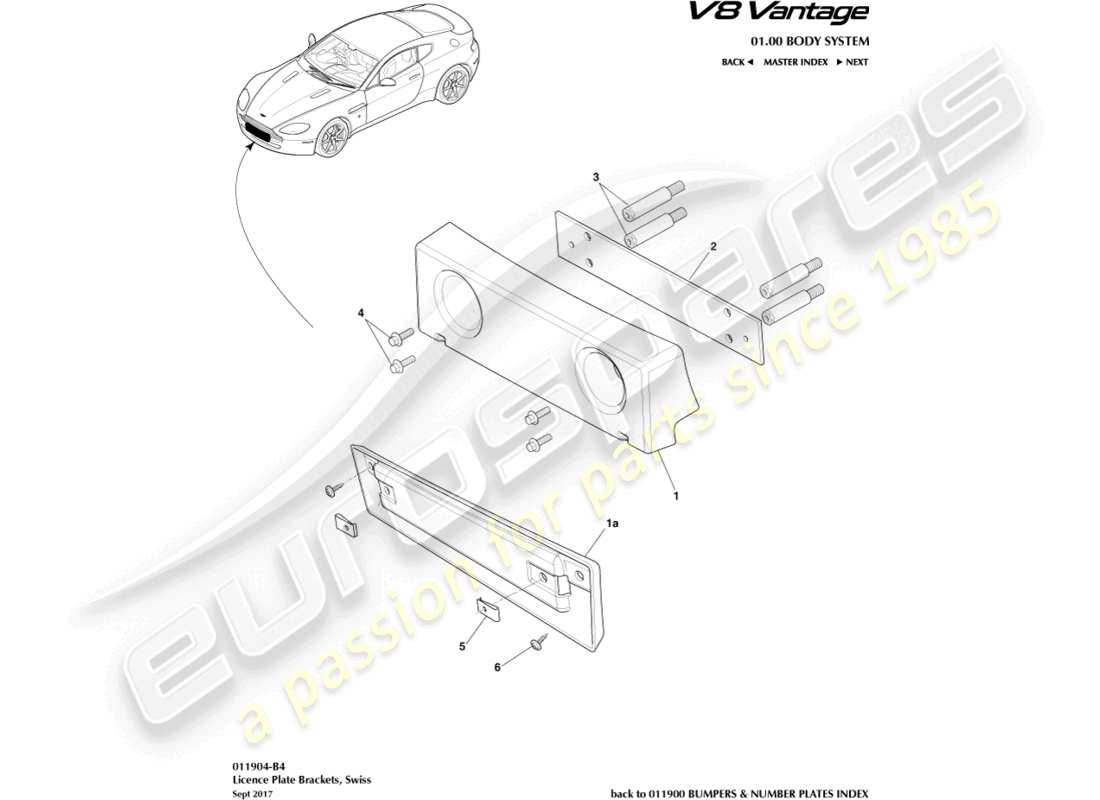 aston martin v8 vantage (2014) supports de plaque d'immatriculation, schéma de pièce suisse