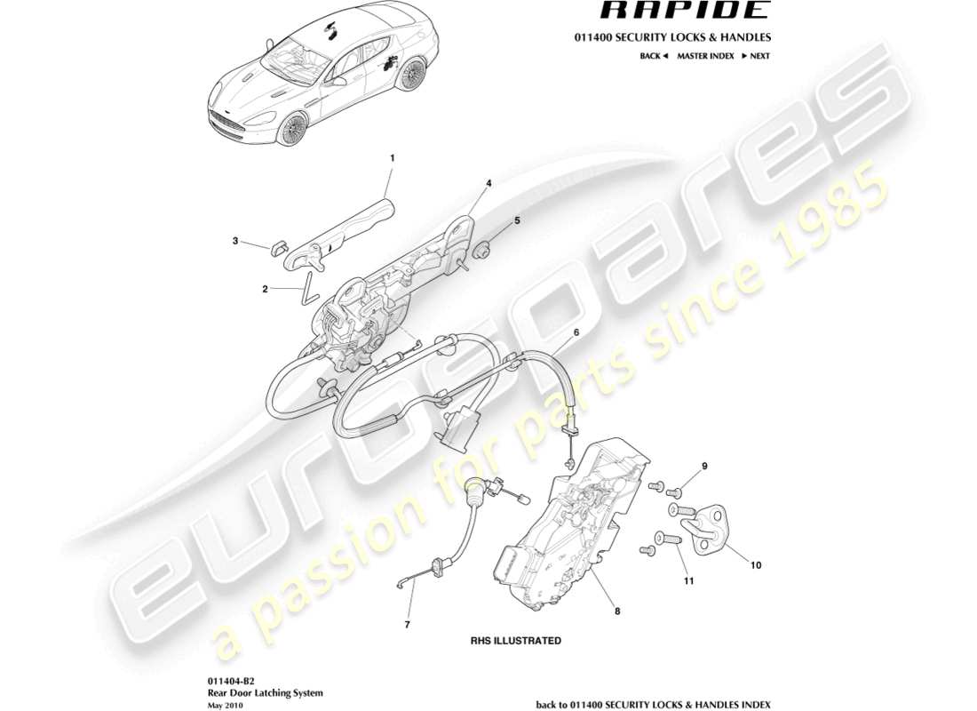 aston martin rapide (2011) schéma des pièces du loquet de porte arrière