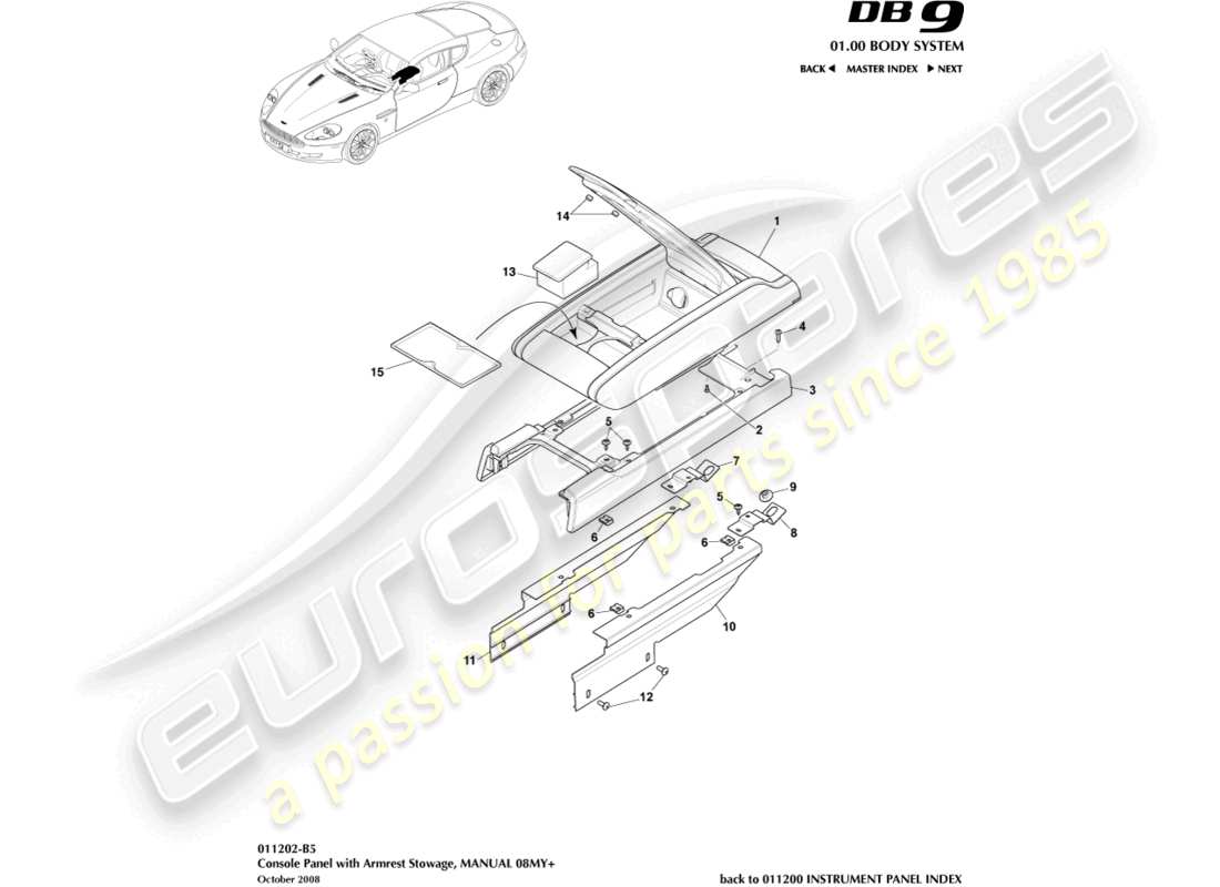 aston martin db9 (2008) console centrale, manuel, 08my diagramme de pièce