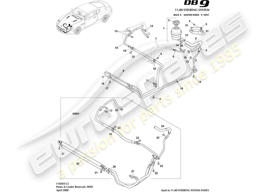 aston martin db9 (2008) refroidisseur, tuyaux et réservoir, diagramme de pièces rhd