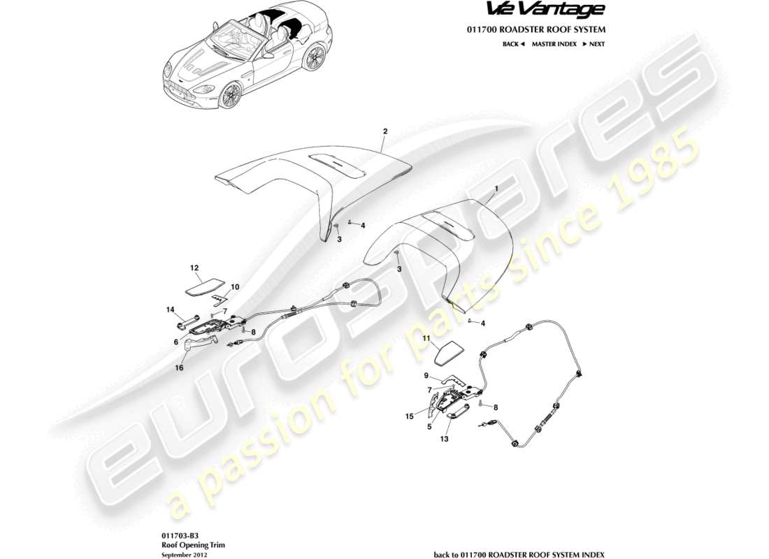 aston martin v12 vantage (2010) diagramme de pièce de garniture d'ouverture de toit