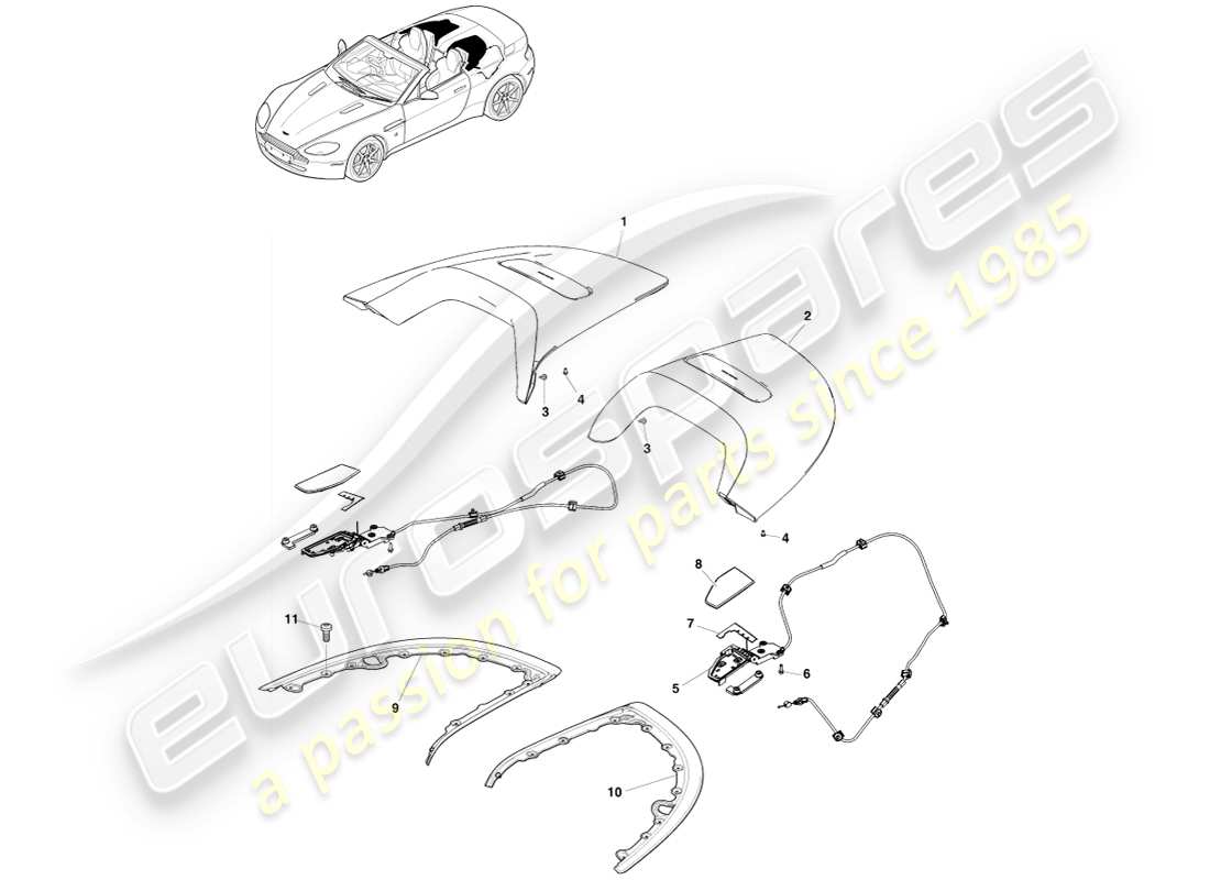 aston martin v8 vantage (2005) diagramme de pièce de garniture d'ouverture de toit
