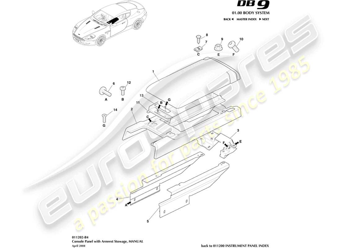 aston martin db9 (2011) console centrale, diagramme de pièce manuel