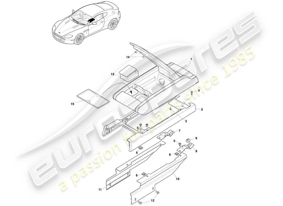 aston martin v8 vantage (2007) schéma des pièces de la console centrale avec accoudoir