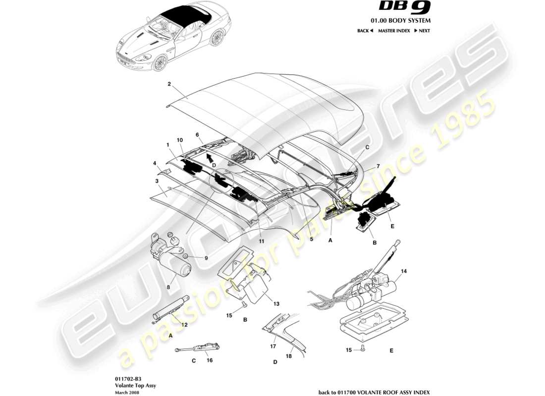 aston martin db9 (2004) assemblage de toit volante schéma des pièces