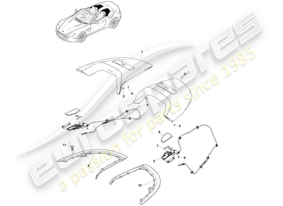 aston martin v8 vantage (2007) diagramme de pièce de garniture d'ouverture de toit