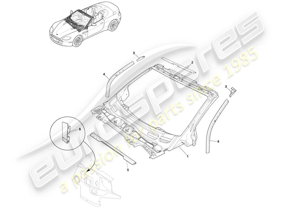 aston martin v8 vantage (2007) tableau de bord et capot de carrosserie, diagramme de pièces du roadster