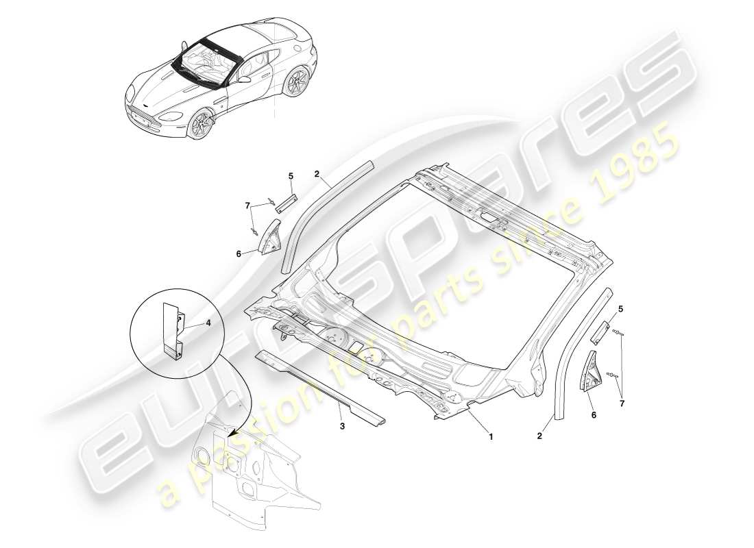 aston martin v8 vantage (2007) tableau de bord et capot de carrosserie, diagramme de pièce du coupé