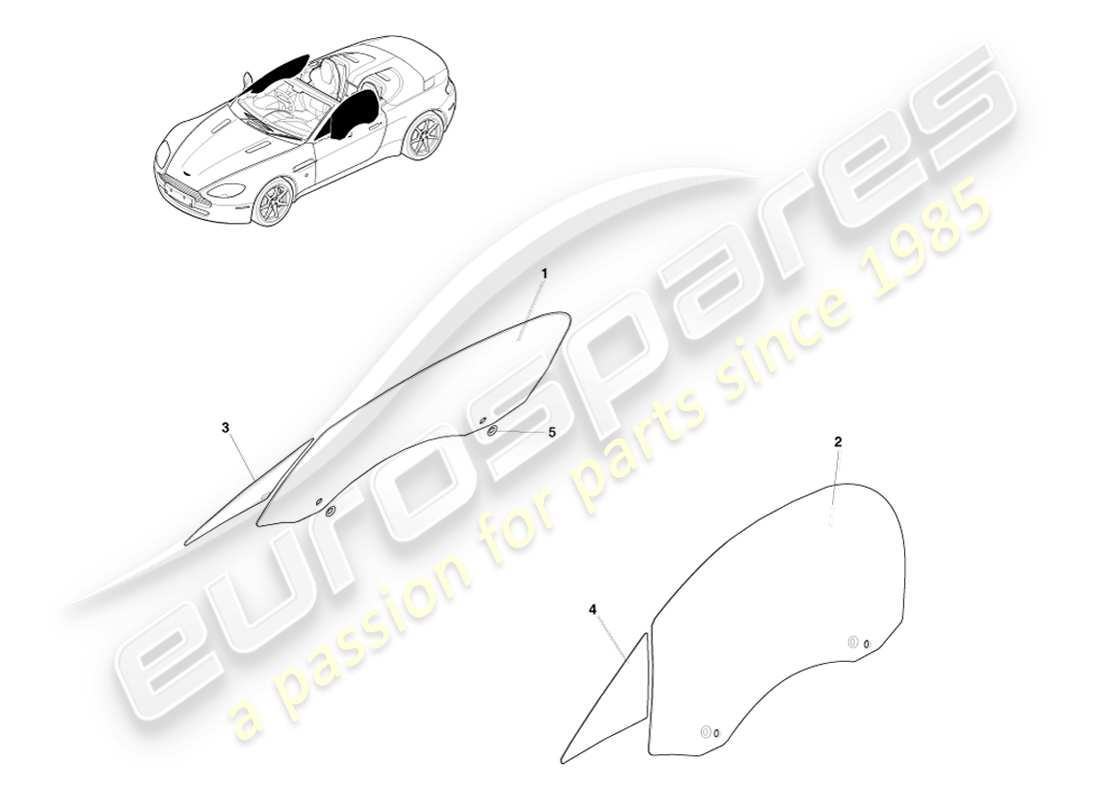 aston martin v8 vantage (2007) vitre de porte, diagramme de pièce du roadster