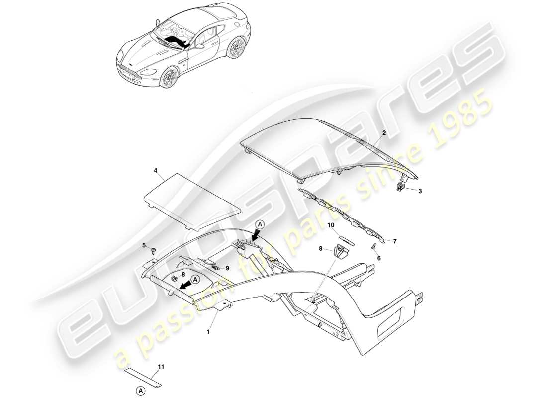 aston martin v8 vantage (2007) colonne centrale, moins la navigation par satellite vers 16my diagramme de pièces