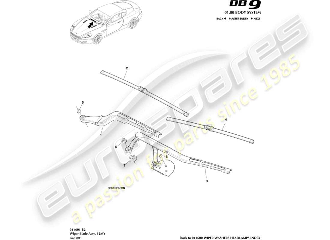 aston martin db9 (2011) ensemble balai d'essuie-glace, 12my diagramme de pièces