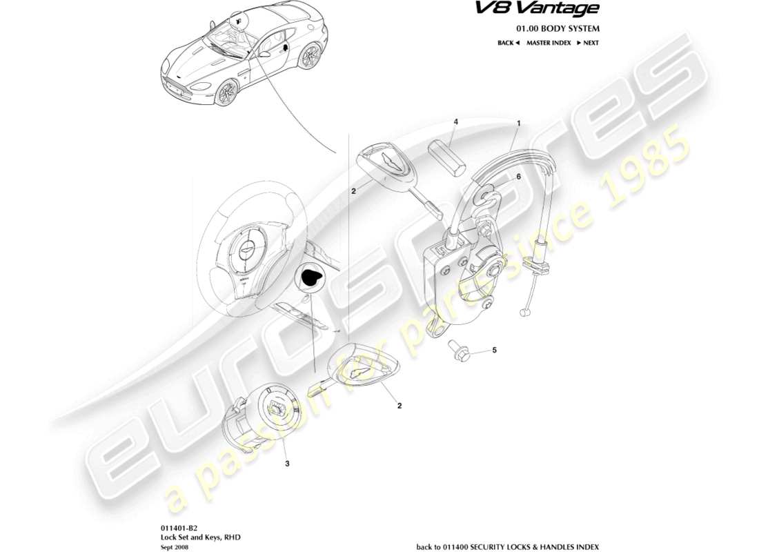 aston martin v8 vantage (2014) ensemble de serrures et clés, diagramme de pièces rhd