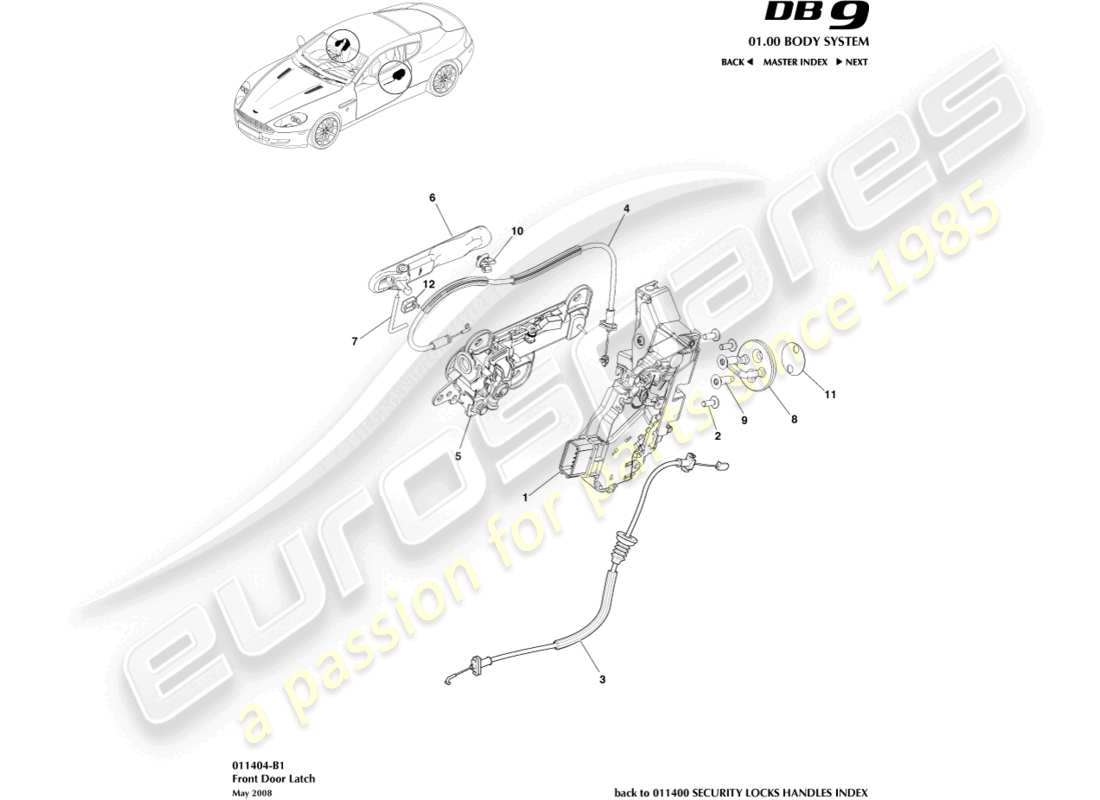 aston martin db9 (2008) schéma des pièces du loquet de porte avant