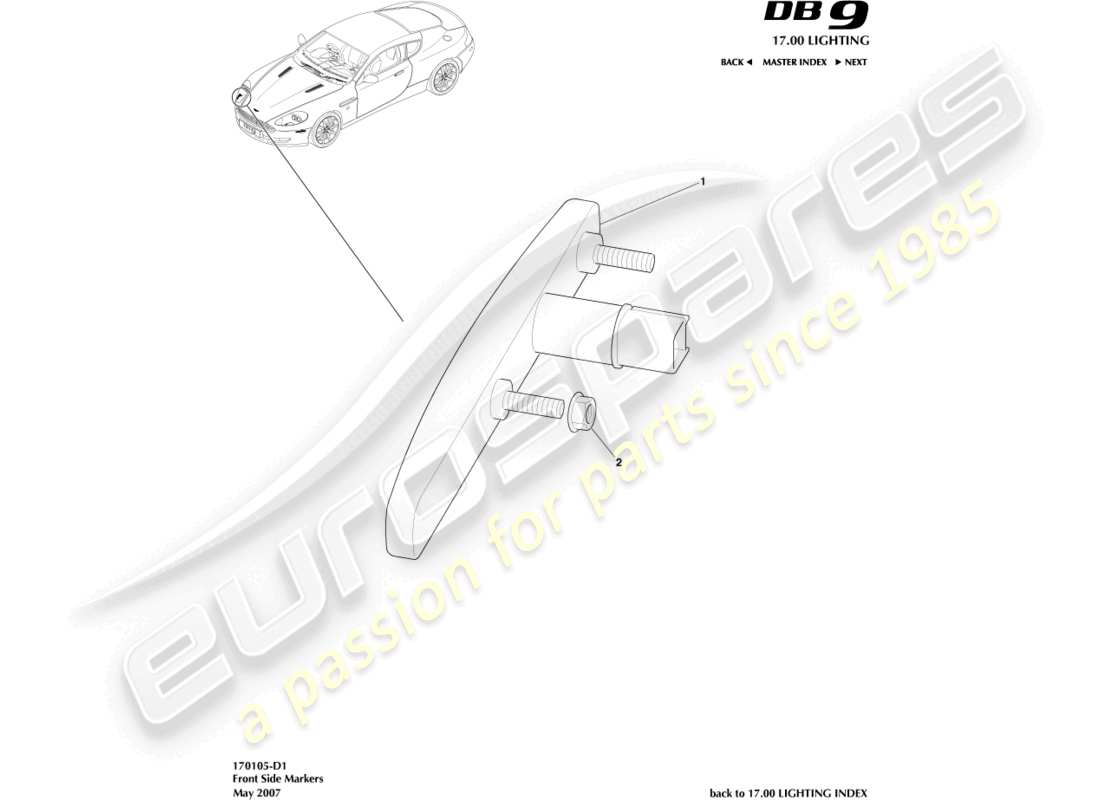 aston martin db9 (2007) diagramme des pièces des marqueurs latéraux avant