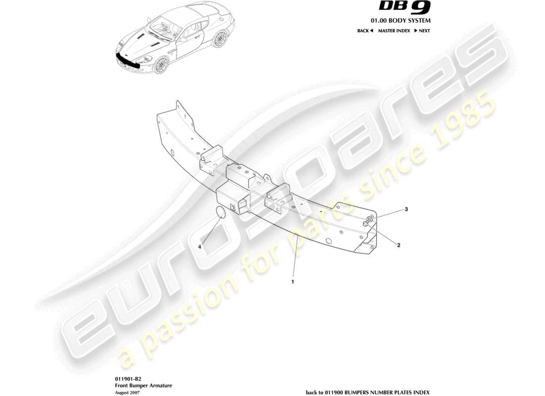 aston martin db9 (2007) schéma des pièces de l'armature du pare-chocs avant
