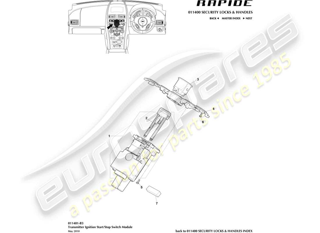 aston martin rapide (2012) diagramme des pièces du module de démarrage/arrêt