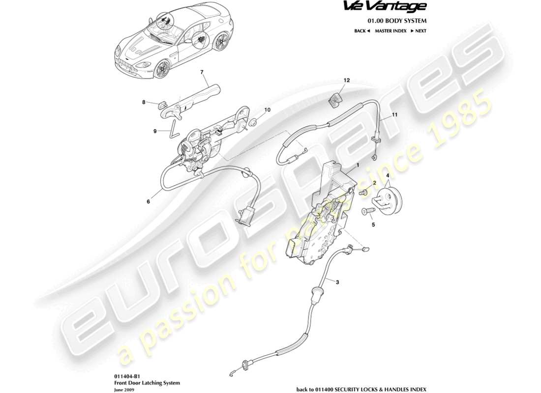 aston martin v12 vantage (2010) schéma des pièces du loquet de porte avant